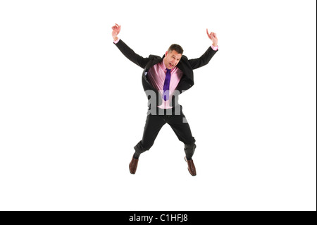 Happy business man is jumping on white background Stock Photo