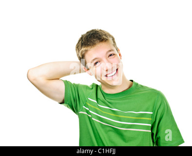 Relaxed smiling young man with hand behind his head isolated on white Stock Photo