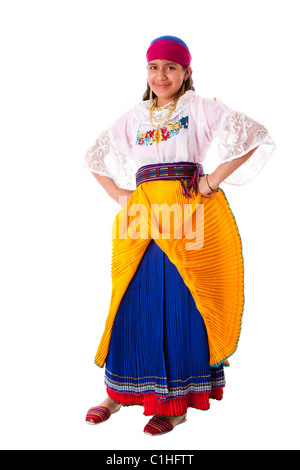 Happy Latina teenage girl from South America highland dressed in Folklore clothes from Ecuador, Peru or Bolivia, Colombia Stock Photo