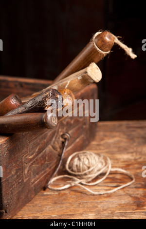 Antique wooden drawer filled with rusty carpenter tools Stock Photo