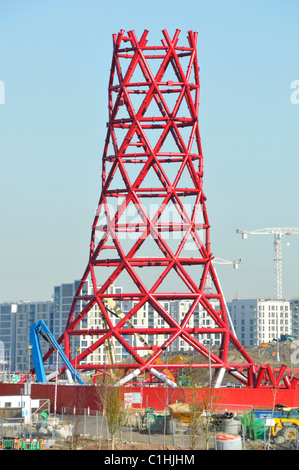 Base tier of central structural core of red steel column on ArcelorMittal Orbit tower for London 2012 Olympics Stratford Newham East London UK Stock Photo