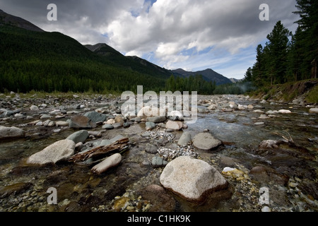 Nature landscape. Stream of mountain river Shumak among stones. Siberia. East Sayan Mountains. Buryat Republic. Russia. Stock Photo