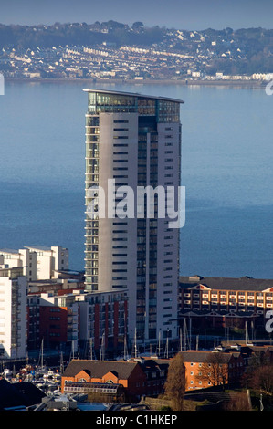 The Tower, Meridian Quay  in Swansea which is the tallest building in Wales standing at 107m. Stock Photo