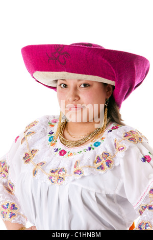 Face of a beautiful Latin Gypsy woman from South America dressed in Folklore clothes with hat from Ecuador, Colombia, Bolivia. Stock Photo