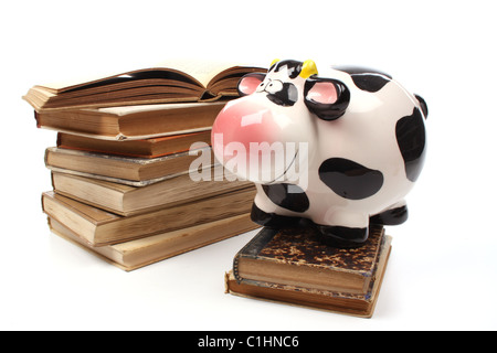 Pile of old educational books suggesting old biology books Stock Photo