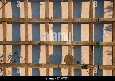 A section of lightweight wooden trellis plant support against a concrete wall. Stock Photo