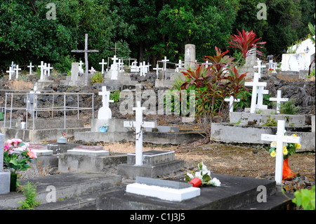 Above Ground Cemetery Painted Church Kona Hawaii St. Benedict's Catholic Pacific Ocean Stock Photo