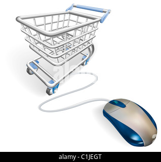 A mouse connected to a shopping cart trolley. Concept for online internet shopping. Stock Photo