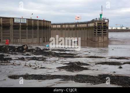 Entrance to Cardiff Bay Barrage at Low Tide Stock Photo