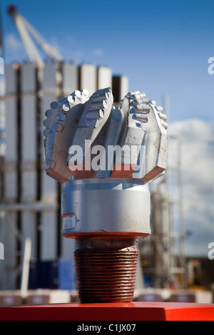 Cuadrilla Resources new USA Drill Bit made of tungsten carbide and synthetic diamonds. Drilling equipment at Shale Gas Drill Site, Presse Hall Farm, Stock Photo