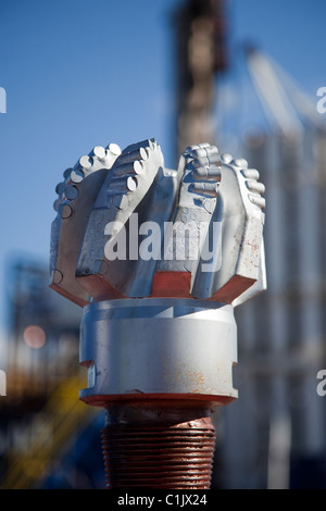 Cuadrilla Resources new USA Drill Bit made of tungsten carbide and synthetic diamonds. Drilling equipment at Shale Gas Drill Site, Presse Hall Farm, Stock Photo