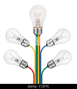 Different Bright New Ideas Concept -Lightbulbs attached to lines of colored cables isolated on white background Stock Photo