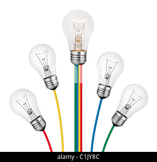 Different Bright New Ideas Concept -Lightbulbs attached to lines of colored cables isolated on white background Stock Photo