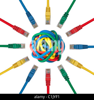 Network connection plugs  pointing to a ball of colored cables Stock Photo