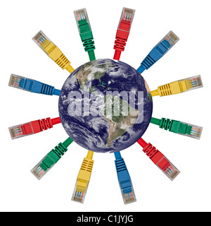 Earth's Western hemisphere with multi colored network connection cables pointing in every direction Stock Photo