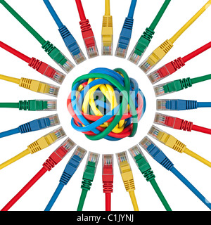 Ethernet Network connection cable plugs pointing to a ball of colored cables isolated on white background Stock Photo