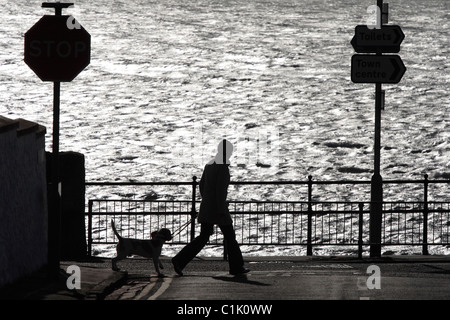 Woman walking a dog on Largs Promenade beside the River Clyde in North Ayrshire, Scotland, UK Stock Photo