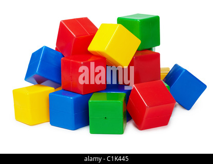 Pile of colored toy blocks isolated on white background Stock Photo