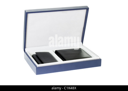 New black wallet and key case in gift box on white backgrpound Stock Photo