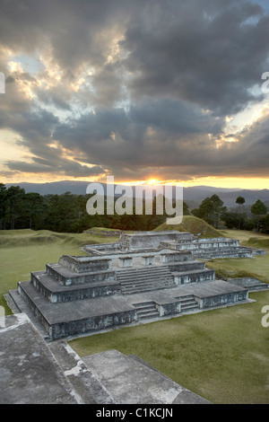 Sunset Over Mayan Ruins, Zaculeu, Huehuetenango, Huehuetenango Department, Guatemala Stock Photo