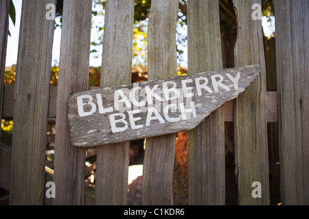 Sign Pointing towards Blackberry Beach on Orcas Island, San Juan Islands, Washington, USA Stock Photo