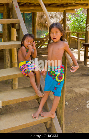 Children of the Native Indian Embera Tribe, Embera Village, Panama Stock Photo