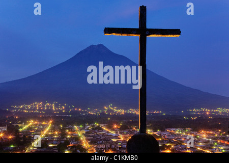 Cross and Volcan de Agua View From Cerro de la Cruz, Antigua, Sacatepequez Department, Guatemala Stock Photo