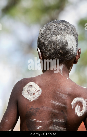Young indigenous boy with tribal body paint.  Laura, Queensland, Australia Stock Photo