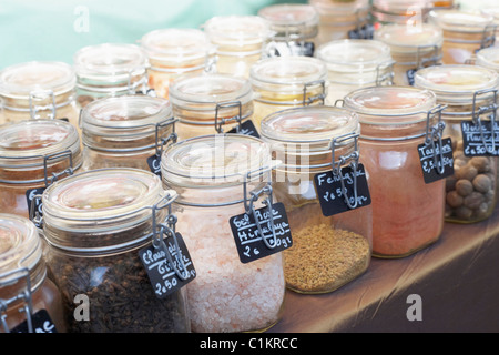 Jars of Herbs and Spices, Tende, Provence, Provence-Alpes-Cote d'Azur, France Stock Photo