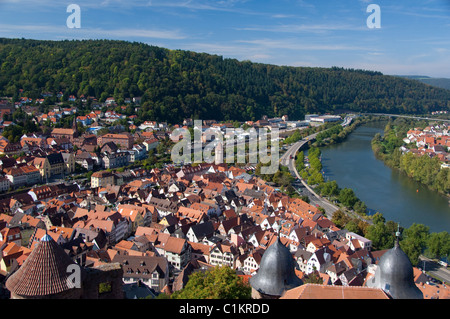 Germany, Wertheim. City overview near confluence of Tauber & Main River, view from hilltop ruins of Hohenburg Castle. Stock Photo