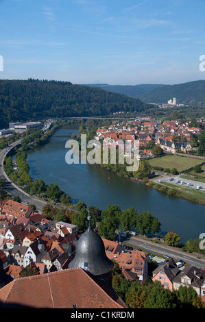 Germany, Wertheim. City overview near confluence of Tauber & Main River, view from hilltop ruins of Hohenburg Castle. Stock Photo