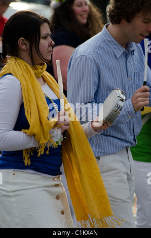 The Edinburgh Samba School drum band performing in the centre of Edinburgh, Scotland. Stock Photo