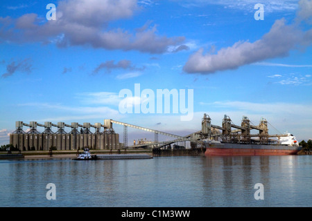 Bulk freighter at a grain shipping terminal on the Mississippi River at the Port of Baton Rouge, Louisiana, USA. Stock Photo