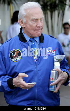 Buzz Aldrin out and about with a can of Red Bull energy drink and an Apple iPhone Los Angeles, California - 27.06.09 Stock Photo