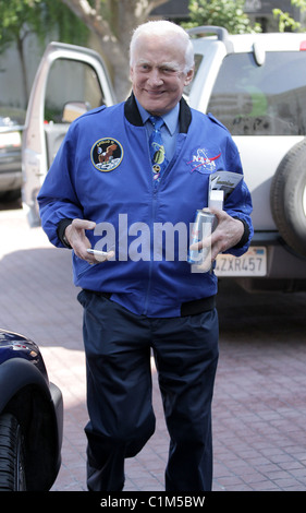 Buzz Aldrin out and about with a can of Red Bull energy drink and an Apple iPhone Los Angeles, California - 27.06.09 Stock Photo