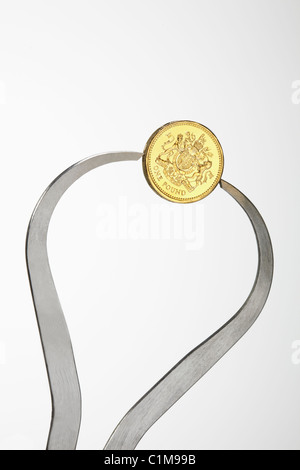 Pound Coin with Calipers Stock Photo