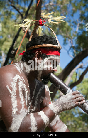 Indigenous performer playing the didgeridoo.  Laura Aboriginal Dance Festival, Laura, Queensland, Australia Stock Photo