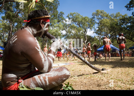 Indigenous performer playing the didgeridoo at the Laura Aboriginal Dance Festival. Laura, Queensland, Australia Stock Photo