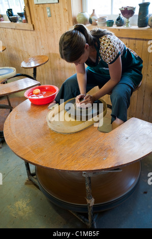 Pottery wheels at Poterie (pottery) de Port au Persil, Sainte Siméon,Quebec, Canada. Stock Photo