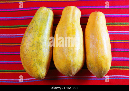 three papaya fruits on latin serape tablecloth red background Stock Photo