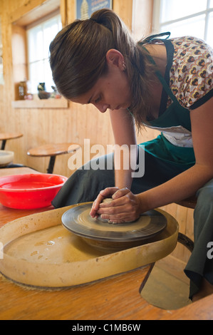 Pottery wheels at Poterie (pottery) de Port au Persil, Sainte Siméon,Quebec, Canada. Stock Photo