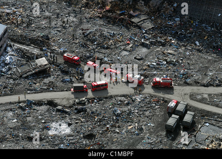 Aerial view of Sukuiso, Japan, showing emergency services amid the devastation caused by the earthquake + tsunami in March 2011. Stock Photo