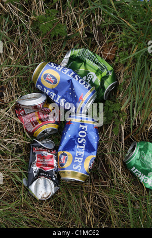 empty beer cans on grass Stock Photo