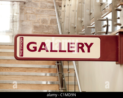 Gallery Sign at The Station a former railway train station at Richmond North Yorkshire now a busy arts centre  cinema and café Stock Photo