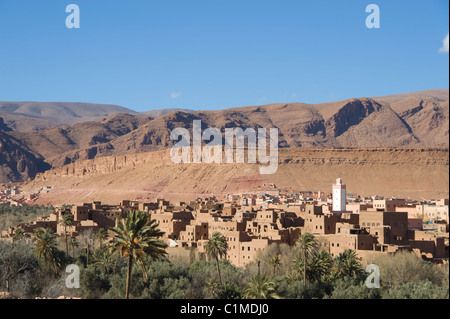 Date palms and a village near Todra Gorge, Morocco Stock Photo