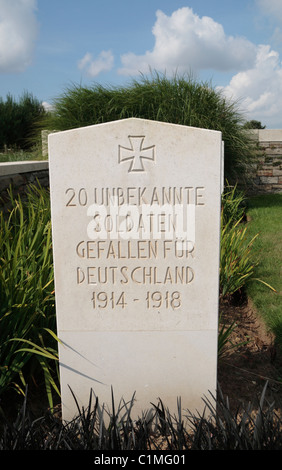 A German headstone for 20 Unknown Soldiers in the CWGC Locre No 10 Cemetery, Heuvelland, West-Vlaanderen, Belgium. Stock Photo