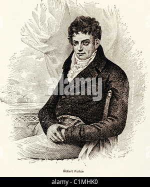 Old lithograph of Robert Fulton, American engineer and inventor of steamboat and first submarine Nautilus Stock Photo