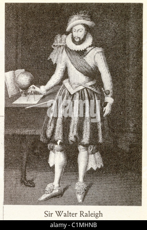 Old lithograph of Sir Walter Raleigh (1552 – 1618), English aristocrat, writer, poet, soldier, courtier, spy, and explorer Stock Photo