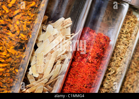 Traditional chinese medicine herbs and remedies in jars Stock Photo