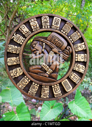 Calendar Mayan culture wooden on jungle background Mexico